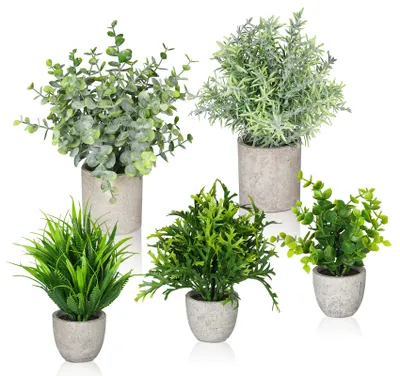 Produktbild von 5er Set Künstliche Pflanzen Wie Echt mit Topf, Kunstpflanze Klein,Lorbeer Eukalyptus Tausendblatt,Fake Plant Deko für Büro Wohnzimmer Küche Badezimmer