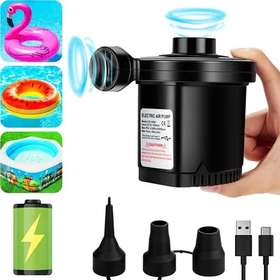Obrázok produktu pre Elektrická vzduchová pumpa, akumulátorová, bezdrôtová, 2 v 1 – na nafukovanie a vypúšťanie, nabíateľná. Elektrická pumpa s 3 tryskami na nafukovanie matracov, bazénových hračiek a iných nafukovacích predmetov. Vhodná na nafukovacie matrace, bazénové matrace a detské bazéniky