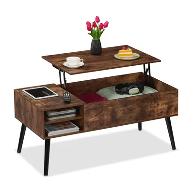 Obrázok produktu pre Rozkladací konferenčný stolík Relaxdays, rozmery: 46 x 100 x 50 cm, 2 bočné priehradky, stolík do obývačky s úložným priestorom, industriálny štýl, hnedý