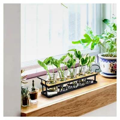 Produktbild von Vintage Blumenvase Kleine Vasen für Tischdekoration, Hydrokulturglas mit Metallständer für Blumen, Vermehrungsstation für Wohnzimmer- und Bürodeko
