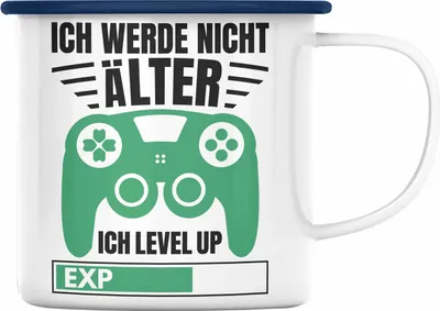 Produktbild von Trendation - Zocker Emaille Tasse Geschenk Gamer Geschenkidee Lustiger Spruch Gaming Geburtstag Ich Level Up (Blau)