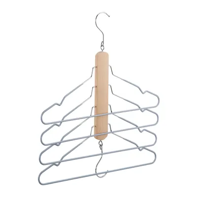 Image de 5 x cintres multiples, peu encombrants, 4 cintres à chemises avec barre à pantalons chacun, bois, métal, cintres antidérapants, naturel/gris