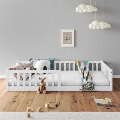 Produktbild von Bodenbett GUSTAVO mit Rausfallschutz Kiefer Massiv - weiß 90 x 200 cm Bodenbett mit Rausfallschutz Montessori-Kinderbett