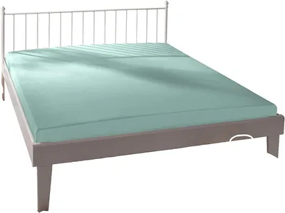 A bed with a mint green fitted sheet and a white metal headboard, shown against a white background.