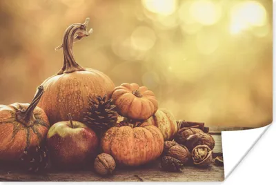 Produktbild von MuchoWow® Poster Kürbis - Herbst - Tannenzapfen - Obst - Apfel 120x80 cm - Bilder