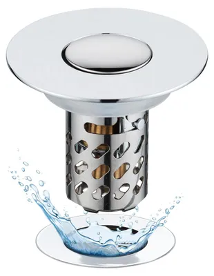 Produktbild von Spülbecken-Abflusssieb, 3-in-1-Pop-up-Abflussstopfen mit Sieb und herausnehmbarem Edelstahl-Filterkorb, Abflussstopfen für 28–58 mm Abflüsse, Messingkugelkern, Chrom