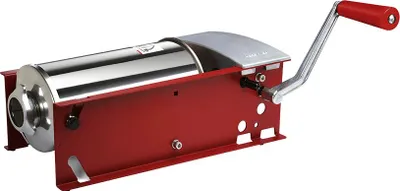 A manual sausage stuffer with a red base and a silver cylinder and handle.