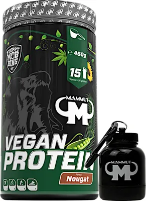 Produktbild von Mammut Nutrition - Vegan Protein 460 g Dose - 15 Portionen Eiweiß + GRATIS Powderbank, Geschmack: Nougat