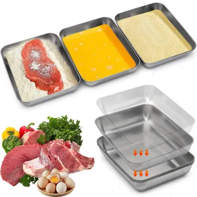Produktbild von Panierschale 3-teiliges Panierset Panierschalen Set aus Edelstahl Panier Set (21.8 x 15.5 x 3.1cm 3 Stück), Schale Rechteckig, Schale zum Panieren für