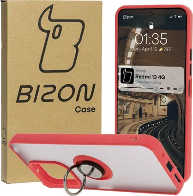 Produktbild von Bizon Case Hybrid Ring Fingerringhülle für Xiaomi Redmi 13 4G, Rauch mit rotem Rahmen