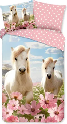Produktbild von Guten Morgen KinderBettbezug "Weiße Pferde mit Blumen" - Rosa - (140x200/220 cm) - Baumwolle