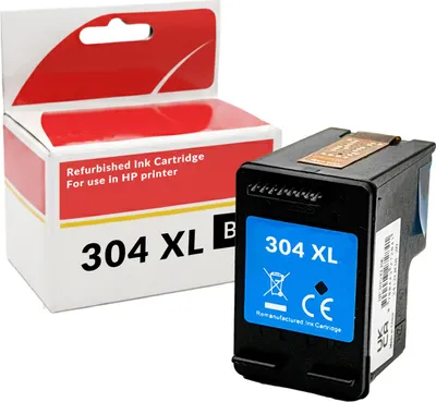 A refurbished HP ink cartridge and its packaging are displayed against a white background.