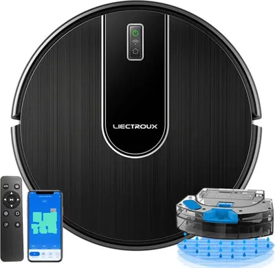 A black robot vacuum cleaner is shown with a remote control, a smartphone displaying a map, and a mopping attachment.