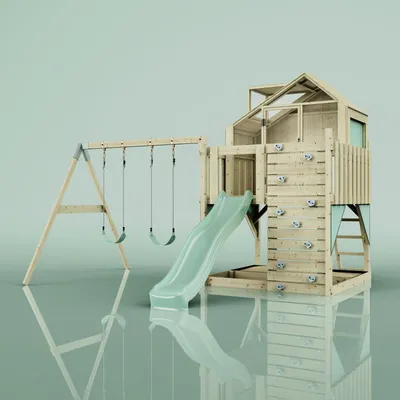 Produktbild von OutdoorToys Spielturm mit Spielhaus inkl. Wellenrutsche und 2x Kinder-Schaukel, Outdoor Klettergerüst Garten, Ausführung: Kinderschaukel, Farbe: Mintgrün, mit Kinderschaukel