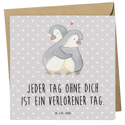 Produktbild von Mr. & Mrs. Panda Grußkarte Pinguine Kuscheln - Grau Pastell - Geschenk, Glückwunschkarte, Freundin, für, Klappkarte, Frauen, Hochzeitstag, Freund, anlasskarte, faltkarte