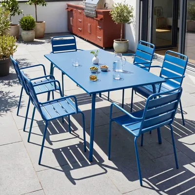 Image de Ensemble table de jardin et 6 fauteuils en métal bleu pacific - Oviala Palavas