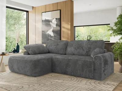 Produktbild von MKS MEBLE Ecksofa CUBO L-form, lose Kissen, Ecksofa 273x187x100 cm mit Schlaffunktion, Bettkasten - Dunkelgrau Cord - Links Seite
