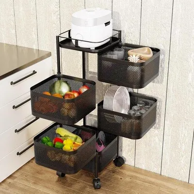 Productafbeelding van Metalen rolwagen met 5 niveaus – 360-graden draaipunten – Geschikt voor keuken en huishoudelijke organisatie – 94 cm hoog