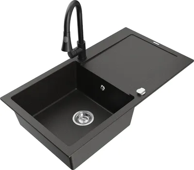 Produktbild von Mexen Leo 1 Becken-Granitspüle mit Abtropffläche und Mischbatterie Elia, Schwarz/Gold metallisch - 6501-75-670101-70
