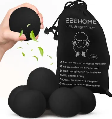 Produktbild von 2BEHOME Trocknerbälle 6 Stück – Schwarz – 100 % Schafwolle aus Neuseeland