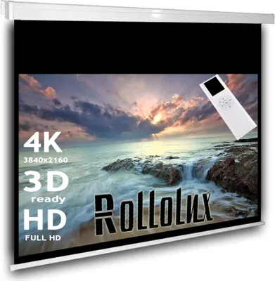 A projection screen displaying a scenic ocean view with text overlays and a remote control.