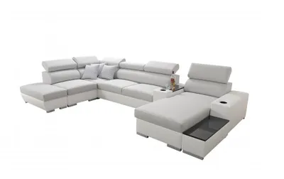 Produktbild von Wohnlandschaft in U-Form PERS V Ecksofa Eckcouch mit Schlaffunktion (Grau SAWANA 96 + weißes Kunstleder, Rechts)