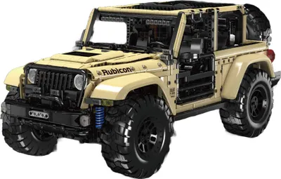 A tan and black remote-controlled off-road toy jeep.