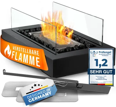 Produktbild von flammtal Bioethanol Tischkamin EMBER mit Dekosteinen, Rauch & Geruchsfrei - Tischfeuer mit verstellbarer Flamme - Für angenehme Wärme Indoor & Outdoor