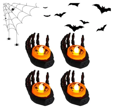 Image de 4X Bougies LED décoratives d'Halloween, Bougies LED à main squelette Bougies LED sans flamme alimentées par piles Bougies LED à réchaud pour la décoration d'Halloween en intérieur et en extérieur
