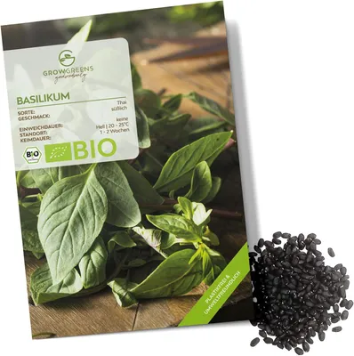 Produktbild von Thai Basilikum Samen - Küchenkräuter Saatgut aus biologischem Anbau ideal für den heimischen Kräutergarten, Balkon & Garten (250 Korn)