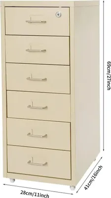 Produktbild von Metall Aktenschrank - Rollcontainer mit 6 Schubladen - Abschließbar - Minimalistisches Design - 28 x 41 x 69 cm - Beige