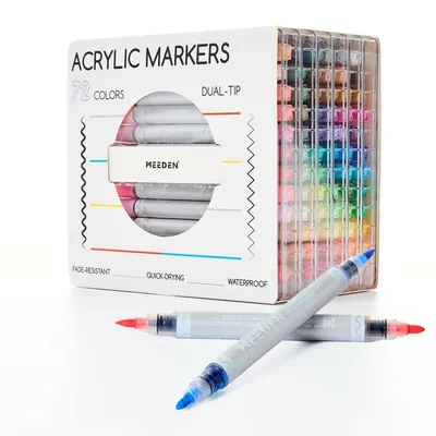 Image de Stylos à peinture acrylique, 72 couleurs, double embout : pointe fine et pointe pinceau. Séchage rapide, résistants à l'eau, pour utilisation sur pierre, verre, bois et tissu