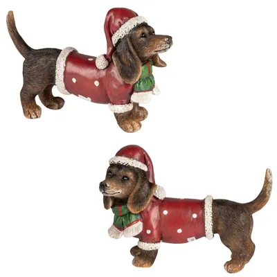 Produktbild von Formano 2er Set Weihnachts-Dackel Dekofiguren 14 x 9 cm Kunstsein Indoor