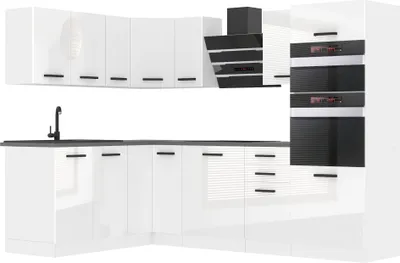 Produktbild von Belini Küchenzeile Küchenblock Küche L-Form MELANIE Küchenmöbel mit Griffe, Einbauküche ohne Elektrogeräten mit Hängeschränke und Unterschränke, ohne Arbeitsplatten, Weiß Hochglanz