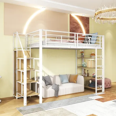 Produktbild von Merax Hochbett 90x200cm mit Treppe und Regalen, Etagenbett mit Stauraum und Kleiderschrank, Metallbett Jugendbett Kinderbett Einzelbett, Weiß