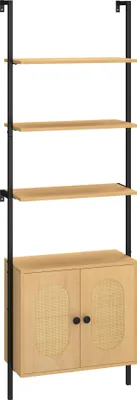 Produktbild von Wandmontiertes 3-stöckiges Bücherregal mit Rattanschrank, 184 cm