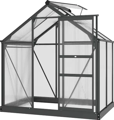 Image de Outsunny Serre de jardin polycarbonate 2,51 m² serre en aluminium pour le jardin 190 x 132 x 201 cm résistant aux UV, avec fondation renforcé, gouttière, lucarne et porte coulissant, Gris