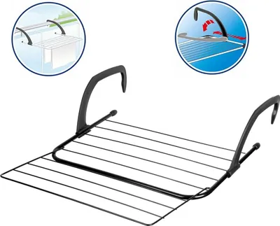 A black foldable drying rack designed to hang on radiators or balconies.