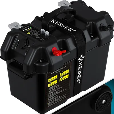 Produktbild von KESSER® Batteriebox für Bootsmotor Elektromotor Schlauchboot Aussenboarder Wohnmobil, Batteriekasten Boote USB und 12V Anschluss Akku Zigarettenanzünder LED-Anzeige