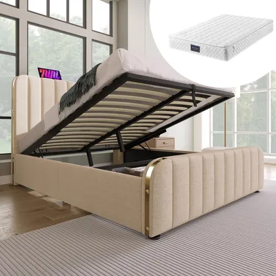 Zdjęcie produktu dla Podwójne łóżko tapicerowane, zagłówek ze złotym wykończeniem i USB Type-C 140 x 200 cm, hydrauliczne łóżko do przechowywania, z materacem