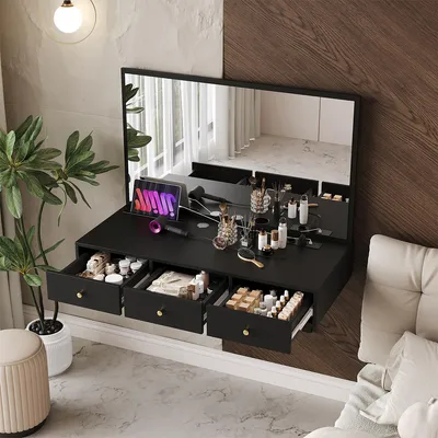 Produktbild von Schminktisch mit Spiegel 3 Schublade und Steckdosen Hängender Kosmetiktisch 100×105×45cm Schwarz