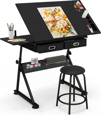Immagine prodotto di Tavolo da disegno regolabile in altezza COSTWAY, scrivania con piano inclinabile, 2 cassetti e sgabello