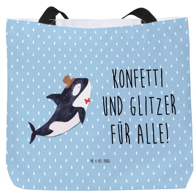 Produktbild von Mr. & Mrs. Panda Stoffbeutel Orca Zylinder - Blau Pastell - Geschenk, Tasche, Geburtstag, Strandtasche, Reisetasche, Pandatasche, Tote Bag, Glitter, Glückwunsch, Narwal