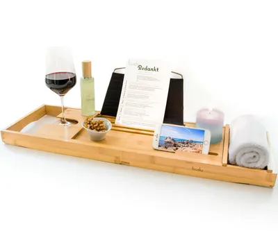 Produktbild von Budu Badewannenablage aus Bambus Deluxe - Badewannenbrett - ausziehbar - verstellbar - Badewannenablage - mit Getränkehalter - Handy-Stütze