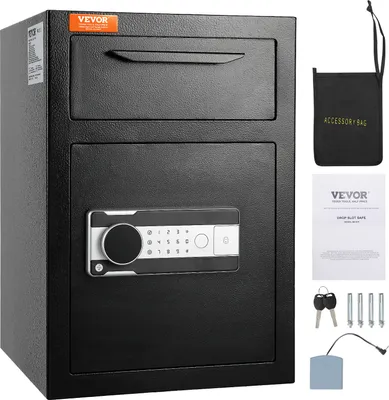 A black VEVOR drop slot safe is shown with accessories and documentation.