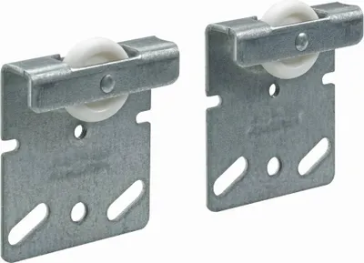 Two metal rollers with white wheels, used for sliding doors or drawers.