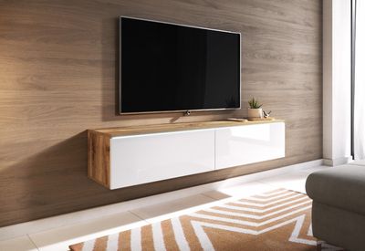 Minio, TV skrinka "DONNA", 140 cm, stojaca, závesná, dub Wotan/biely lesk