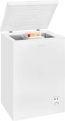 A white chest freezer with its lid open, showing a food container inside and the interior of the freezer.
