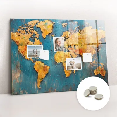 Obrázok produktu pre Magnetická tabuľa na stenu - Memo Tabuľa Sklenená - vrátane 5 magnetov - 100x70 cm - Dekoratívna mapa sveta
