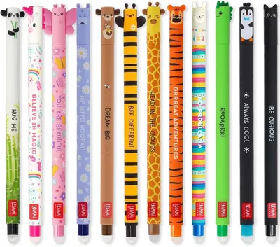 A collection of 12 colorful animal-themed gel pens arranged in a row against a white background.